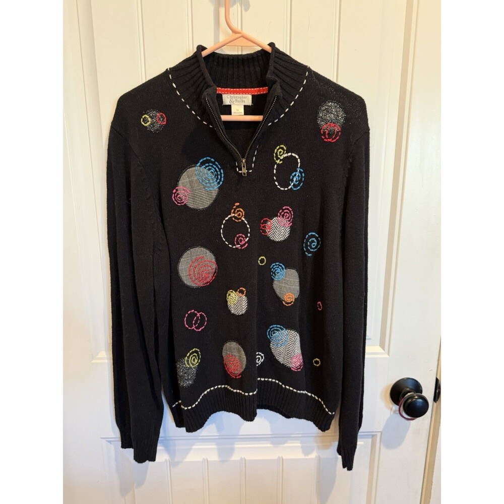 Christopher & Banks Sweater Womens XL Black 1/4 Zip Embroidered Applique Y2K
